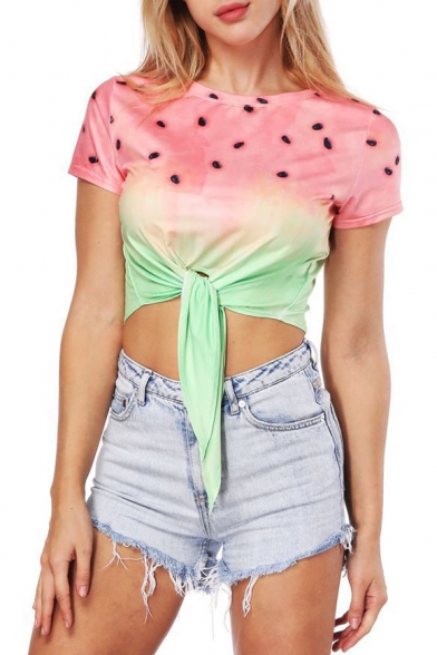 Girlish Watermelon Fruit Print Round Neck Short Sleeves Bow Tie Front Cropped Tee