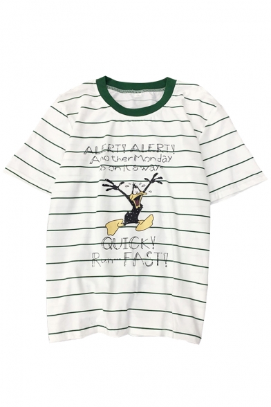 Trendy Striped Cartoon Duck Letter Printed Round Neck Short Sleeves Casual Tee