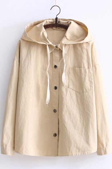 Leisure Drawstring Detail Button Down Hooded Chest Pocket Plain Coat