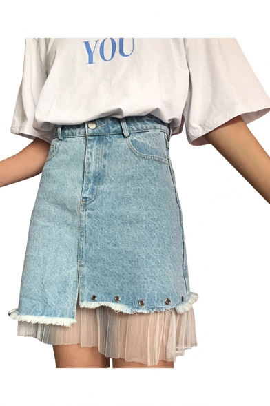 Sheer Mesh Patched High Waist Asymmetric Hem Mini Denim Skirt