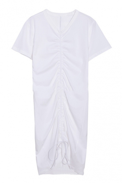 Simple Plain Chic Round Neck Short Sleeve Drawstring Front Mini T-shirt Dress