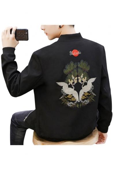 Trendy Crane Embroidered Zip Up Long Sleeve Fancy Baseball Jacket