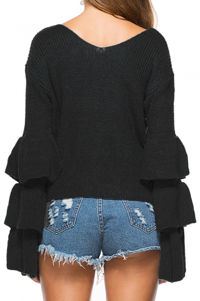 Casual Ruffle Layered Long Sleeve V-Neck Pullover Loose Cropped Sweater