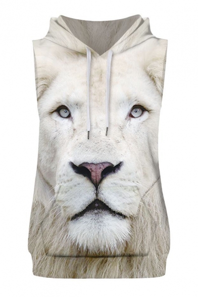 Fancy White Lion Print Sleeveless Hoodie with Sports Shorts