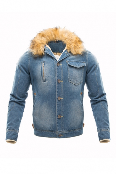 Faux Fur Lapel Collar Long Sleeve Single Breasted Warm Denim Coat