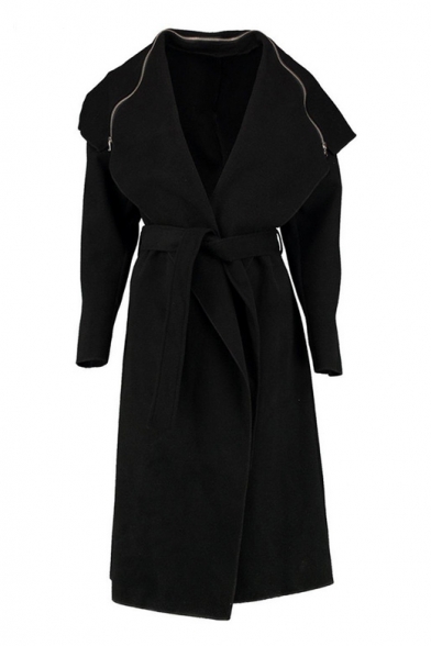 Winter's New Arrival Lapel Collar Long Sleeve Plain Zipper Embellished Long Coat with Belt