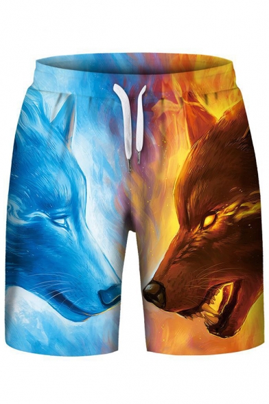 

Popular Flame Ice Wolf Print Drawstring Waist Sports Shorts, LC464124