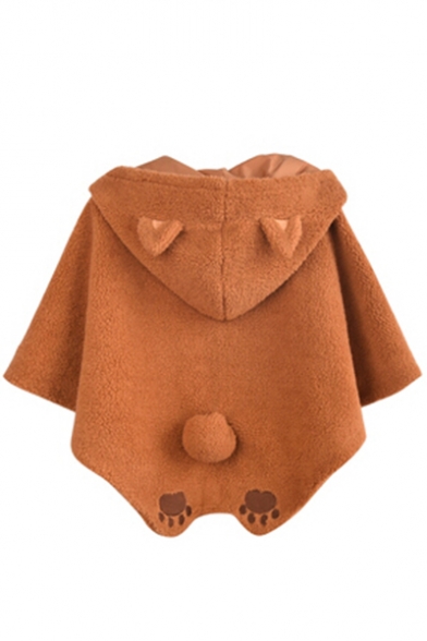 Spring Fashion Double Button Paw Pattern Bear Ears Hooded Tail Fur Cape