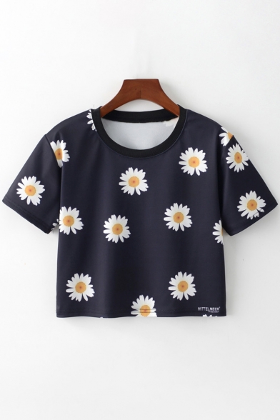 Summer Fashion Floral Daisy Print Round Neck Short Sleeves Cropped Tee