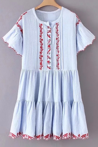 Fashion Embroidered Pattern Round Neck Short Sleeve Dress with Cami
