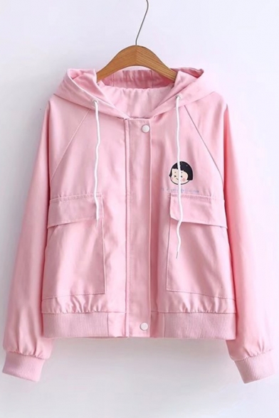 Natural Cartoon Girl Letter Pattern Hooded Zippered Coat with Flap Pockets