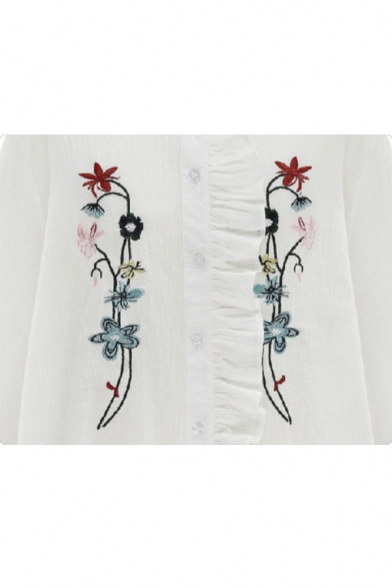 Spring's New Arrival Floral Embroidered Round Neck Long Sleeve Single Breasted Shirt