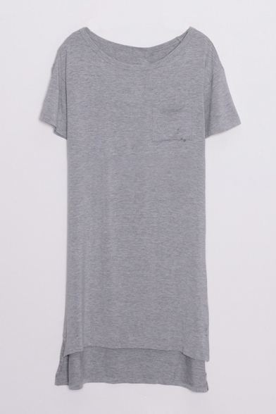 Basic Plain Scoop Neck Short Sleeve High Low Hem Mini T-Shirt Dress