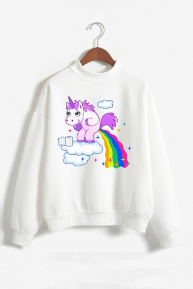 Cartoon Unicorn Printed Long Sleeve Mock Neck Pullover Sweatshirt