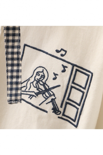 Elegant Music Note Violin Cartoon Number Embroidered Button Front Shirt