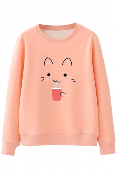 Lovely Cartoon Cat Printed Round Neck Long Sleeve Pullover Sweatshirt
