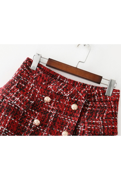 New Stylish Check Pattern Double Breasted A-Line Mini Skirt
