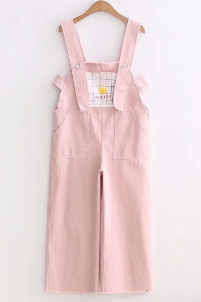 Girly Plaids Pattern Raw Edged Loose Wide Leg Overall Jumpsuit with Pockets