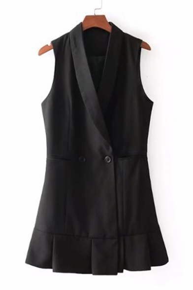 Simple Plain Wrap Front V Neck Sleeveless Double Buttons Mini Cami Dress