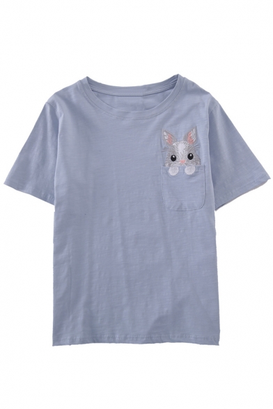 Cute Rabbit Embroidered Pocket Round Neck Short Sleeves Casual Tee