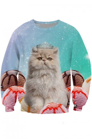 Lovely Crown Cat Ice Cream Printed Round Neck Long Sleeve Pullover Sweatshirt
