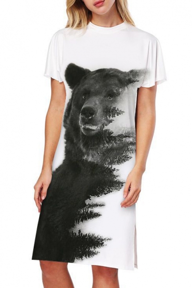 Simple Bear Forest Print Crew Neck Short Sleeve Split Side Midi T-shirt Dress