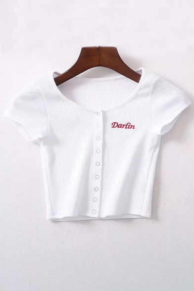 Simple Letter Embroidered Buttons Down Round Neck Short Sleeve Cropped Tee