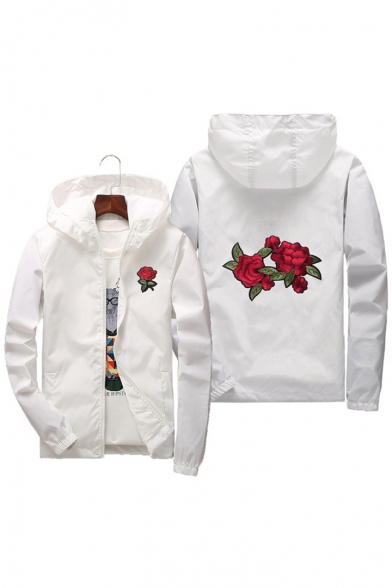 Chic Floral Embroidery Zip Up Hooded Spring Unisex Jacket