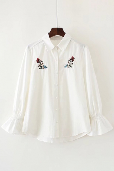 Fancy Floral Embroidered Bell Sleeves Point Collar Button Down Shirt