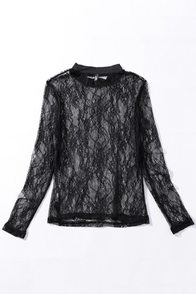 Sexy Sheer Lace Rose Crochet Round Neck Long Sleeve Blouse