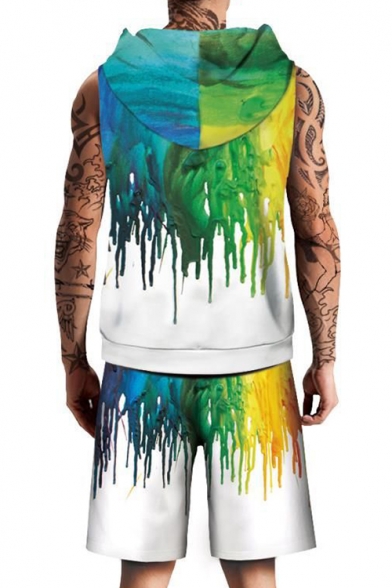 Chic Color Block Paint Print Sleeveless Hoodie with Sports Shorts