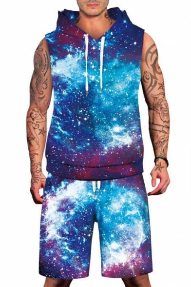Chic Galaxy Starry Sky Print Sleeveless Hoodie with Sports Shorts