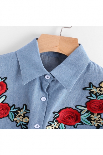New Stylish Lapel Collar Short Sleeve Buttons Down Floral Embroidered Denim Shirt