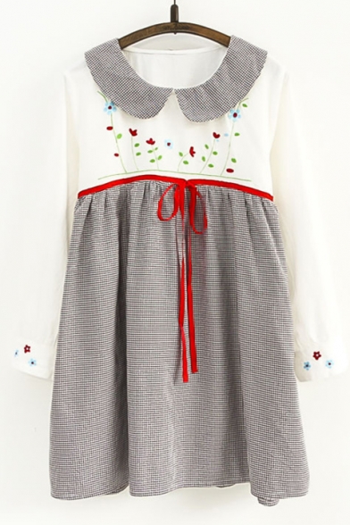 Cute Fashion Gingham Plaids Peter Pan Collar Floral Embroidery Bow Waist Mini Smock Dress