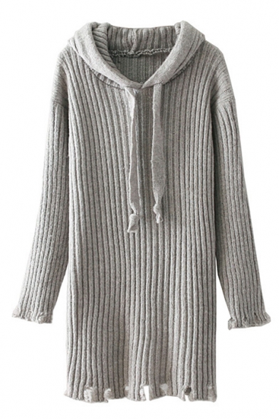 Fashionable Long Sleeves Cutout Hollow Hem Hooded Ribbed Knitted Sweater Mini Dress