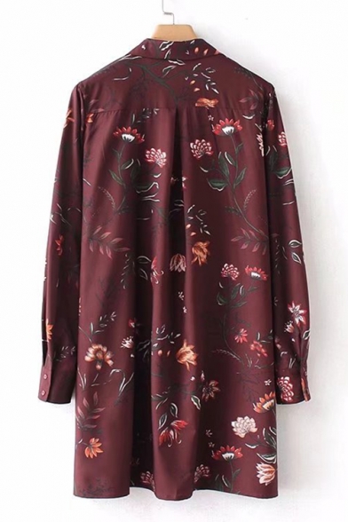Floral Printed Lapel Collar Long Sleeve Buttons Down Mini Shirt Dress