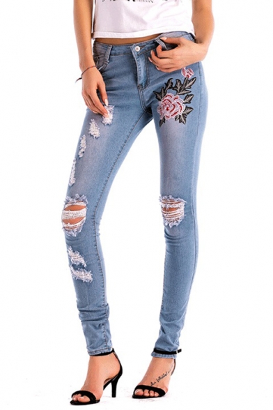 Hot Popular Floral Embroidered Zipper Fly Ripped Jeans