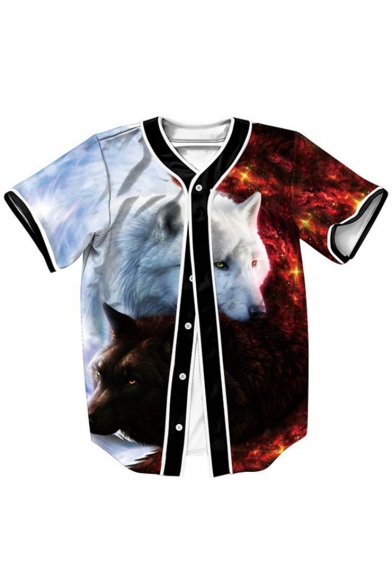 Stylish Contrast Tai Chi Wolf Print Button Front Short Sleeve Sports T-shirt