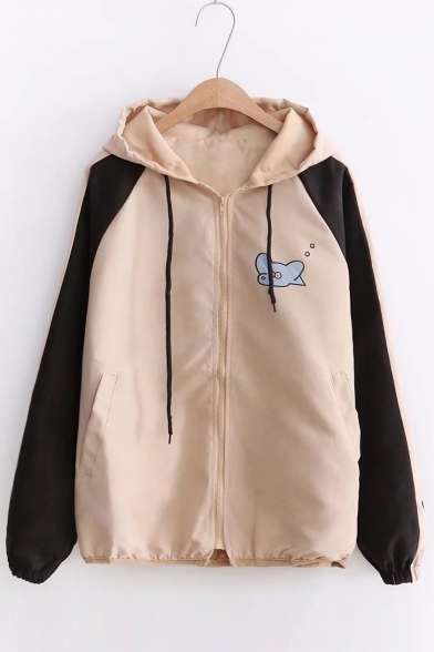 Top Fashion Dog Cat Cartoon Pattern Zip Up Hooded Color Block Outdoor Jacket