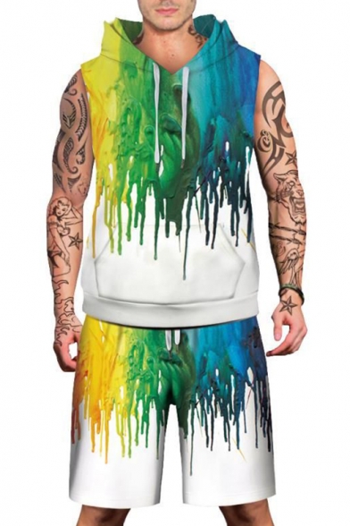 Chic Color Block Paint Print Sleeveless Hoodie with Sports Shorts