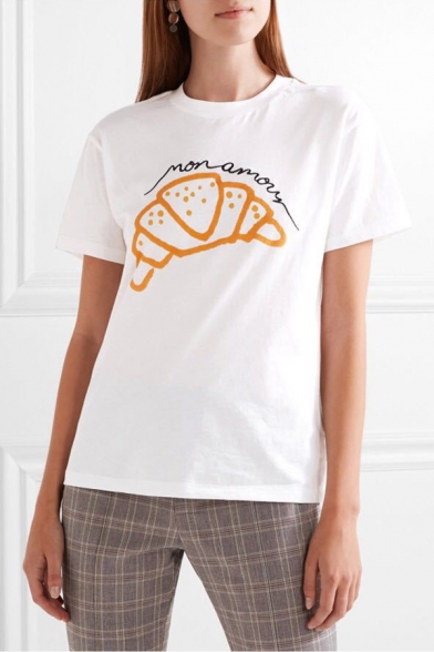 Fancy Croissant Bread Letter Print Round Neck Short Sleeves Summer Tee