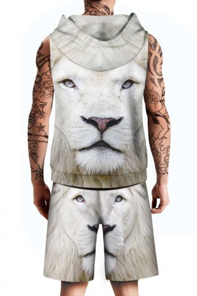 Fancy White Lion Print Sleeveless Hoodie with Sports Shorts