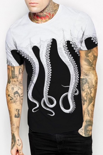 Hot Stylish Octopus Print Color Block Round Neck Short Sleeves Casual Tee