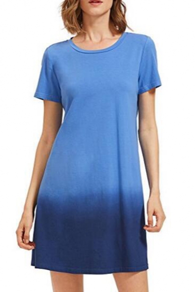Leisure Ombre Printed Round Neck Short Sleeve Mini A-Line Dress