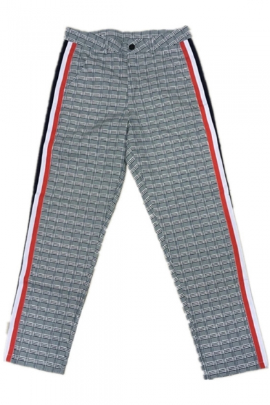 Man's Popular Leisure Color Block Stripes Side Plaids Printed Straight Pants
