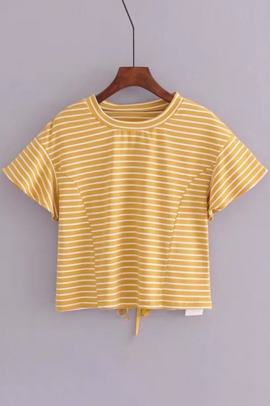 New Arrival Stripe Printed Round Neck Short Sleeve Lace Up Back Embellished Cropped Tee