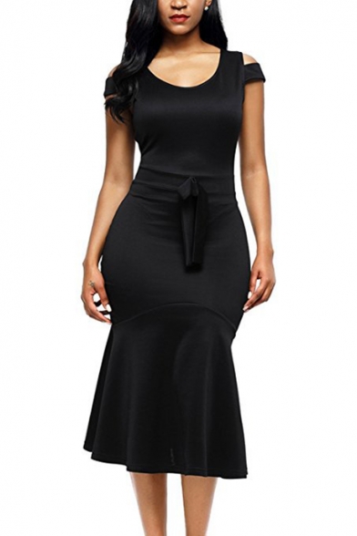 Round Neck Backless Plain Short Sleeve Bodycon Dresses