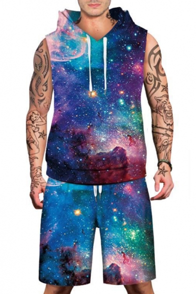 Stylish Galaxy Starry Sky Print Sleeveless Hoodie with Sports Shorts