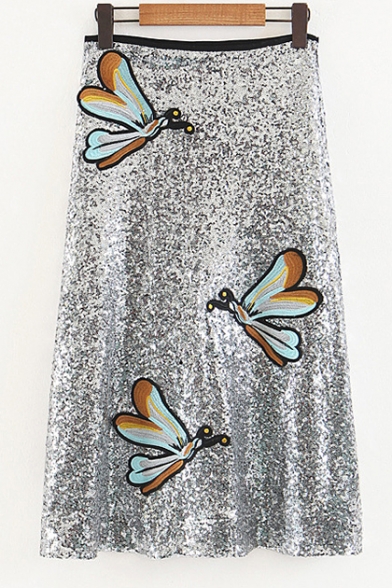 Women's Fashion Butterfly Embroidery Sequined Midi A-line Skirt