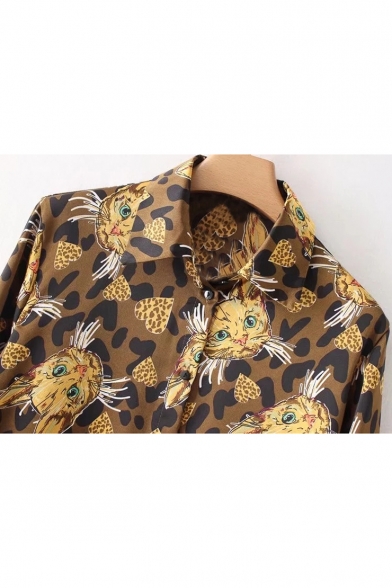 Chic Cartoon Cat Leopard Print Long Sleeve Lapel Button Down Shirt